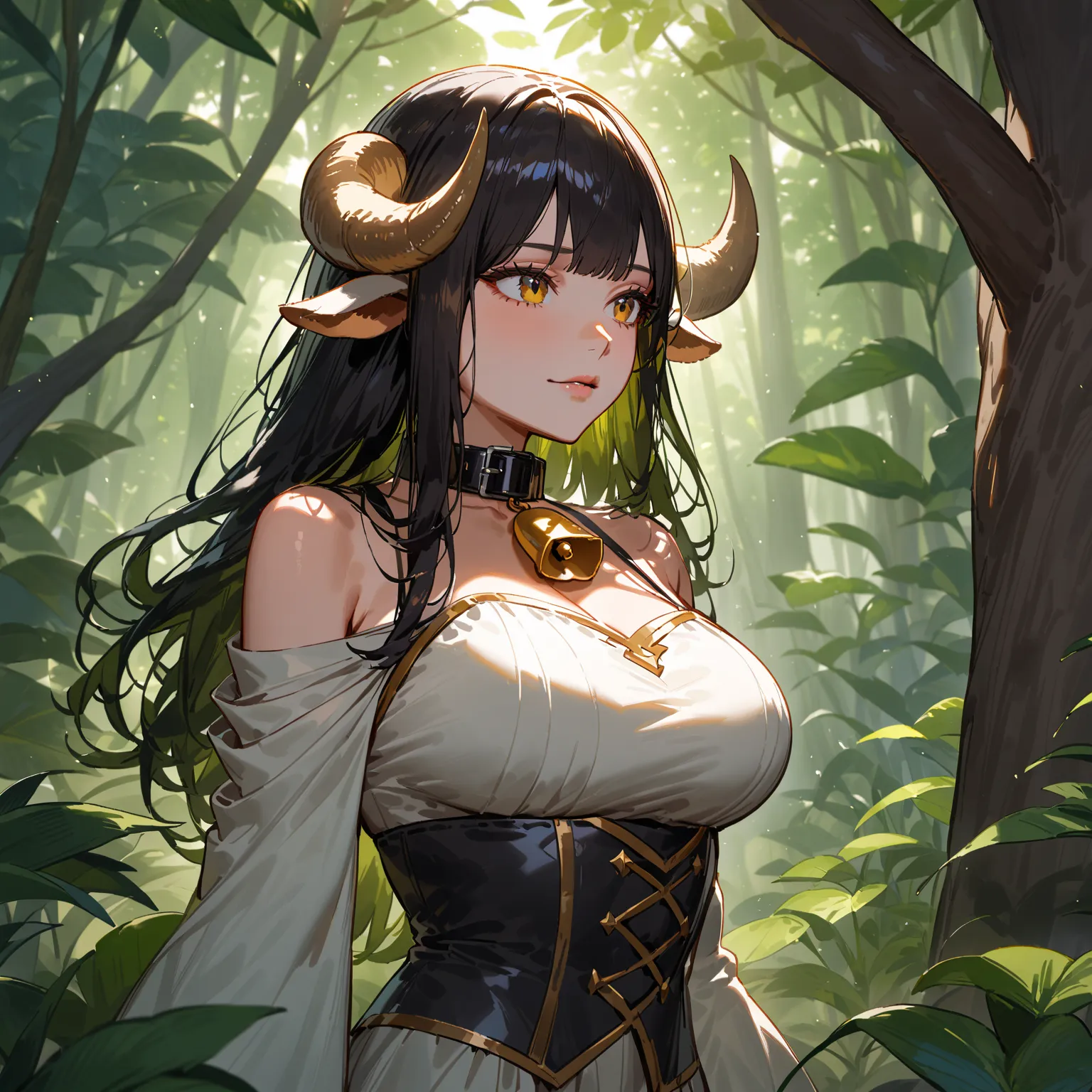 Medieval clothing, cow ears, big boobs, jungle_setting, cow horns, no detail on lips, black hair, long hair, bell collar, 1girl