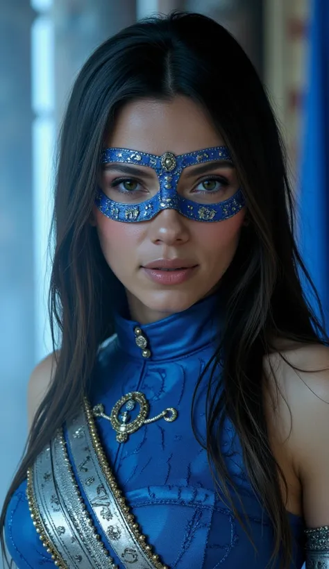 Here's a prompt detailed to generate a super realistic image of Alexandra Daddario as Kitana, with a shiny metal mask and details blue, focused on the upper body: "Hyper-realistic Close-up of Alexandra Daddario as Kitana, the warrior of * mortal kombat*. S...