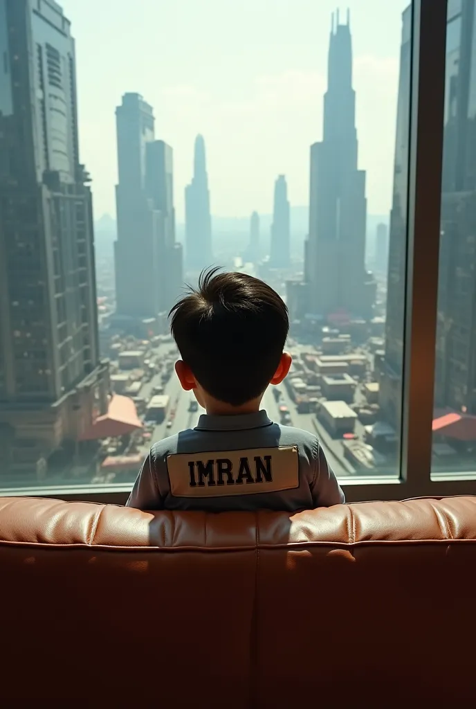 There is a boy sitting on leather sofa on that boy shirt named as imran on back there is neo city  with a army