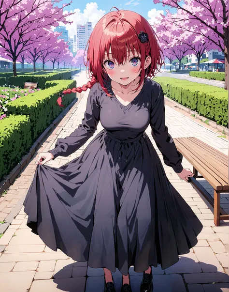 Kurosaki's thing , Alone,stupid hair, Blue Eyes, knitting glasses, hair intake, sngle braid,HAIR ACCESSORY, red hair, hair knitting glasses, smile,blush,open your mouth,Medium breast, oversized v neck sweater long sleeve,long skirt, Bbo~, bench,Beautiful c...