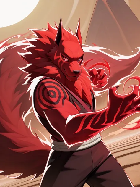 highres, hi res, best quality, masterpiece, intricate details, absurdres, 4k,, semi realistic, cartoon,
1beast, Shukaku (Naruto), sandy fur with crimson markings, single enormous tail swirling with desert dust, energy around, aura,, looking at viewer, dyna...