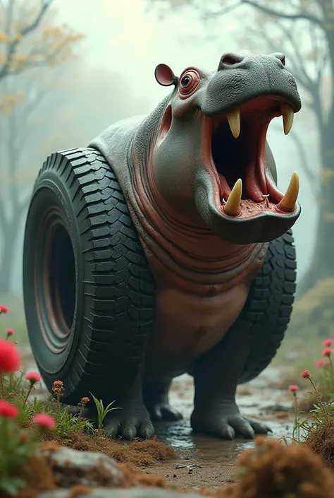 Bear with the face of a hippopotamus and the body of a tire
