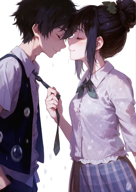 1girl, 1boy, cute, grabbing his tie, cute smile girl, both eyes closed, perky small boobs, 