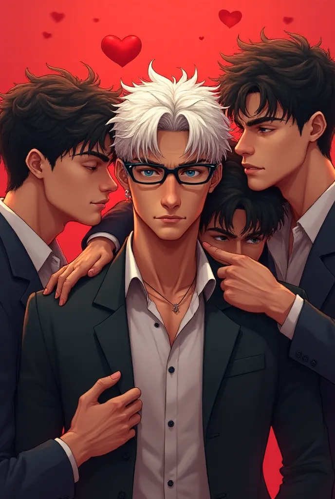 A badass young man with white hair and glasses standing while four men taller than him looking at him with love, one placing his head on his shoulder, the other grabbing his hand, with red hearts in the background