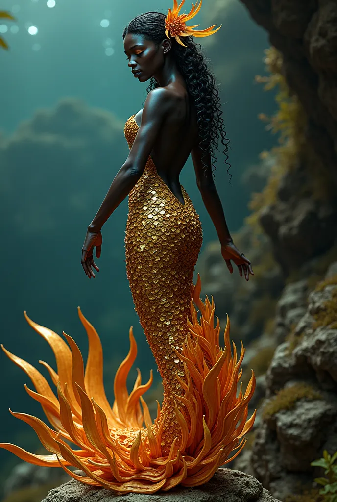 Create black mermaid sculpture. Gold and orange with makeup and lots of fins 