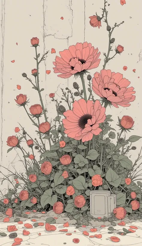 A picture of a bunch of flowers is drawn on the wall, Digital rendering by Asai Chu, Tumbler, creation, Kurumada Masami,  pink flowers, Flowers and petals, Floral Wallpaper,  Frederick Judd Waugh , Beautiful landscape of flowers , Blooming flowers々,  lots ...