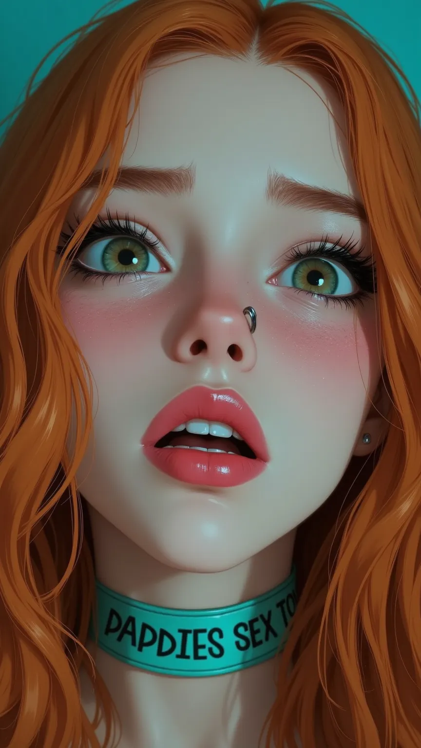 À cinematic picture of a 15year old girl her face is cute and beautiful, with big emerald green eyes and full lips, (black eye shadow),( long thick eyelashes), pink glossy lips, pink rouge with some freckles, her hair is long bright ginger and wavy, turquo...