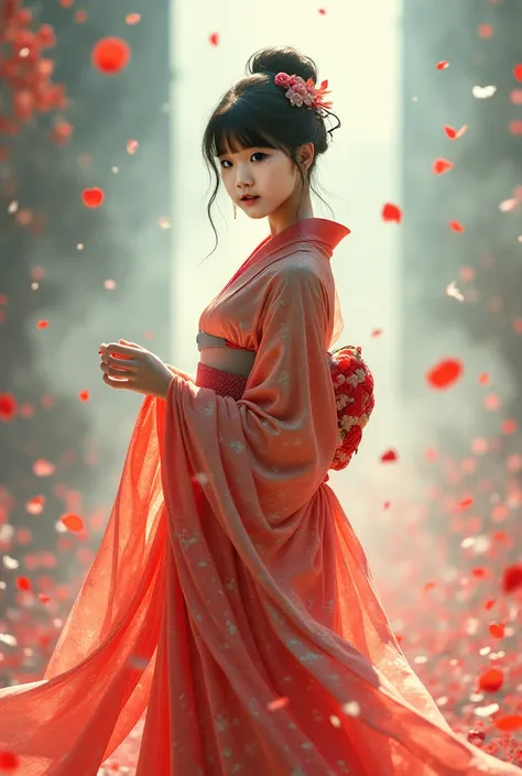 A  japanese  walking towards the camera while showing her enchants