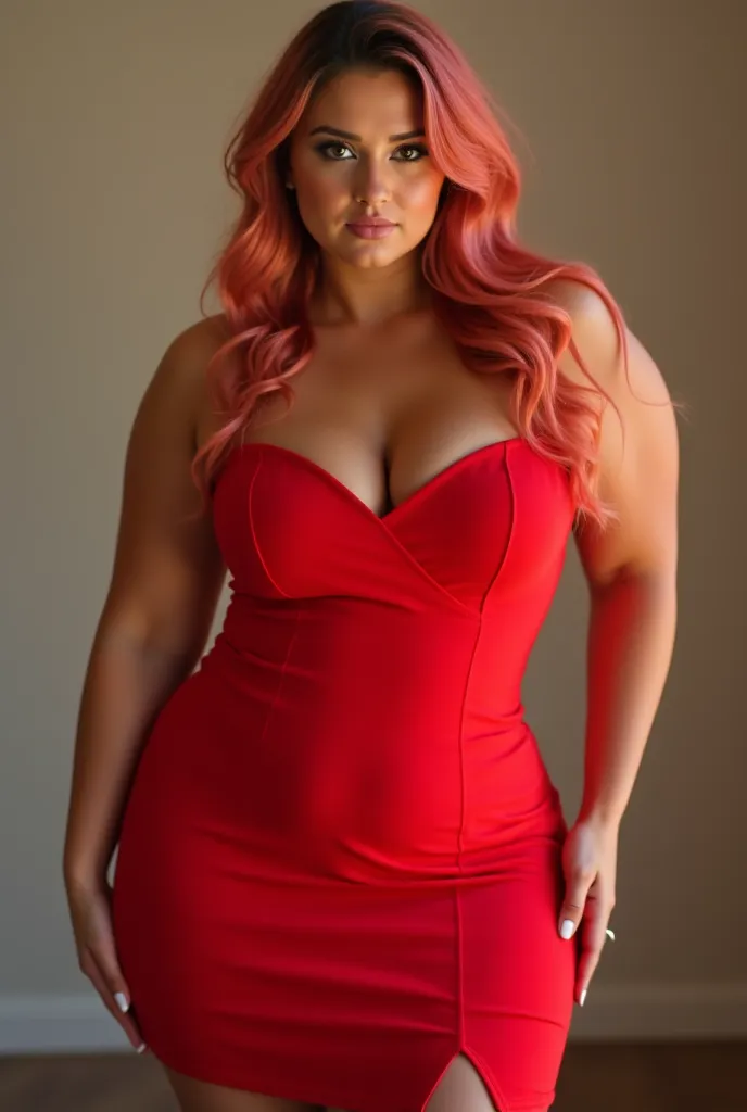 " A 19-year-old woman , with generous curves and a striking presence. She wears a sexy red dress, tight to the body, that enhances her curves in a sophisticated way. The dress has subtle details that add elegance, with a side slit or discreet neckline, tra...