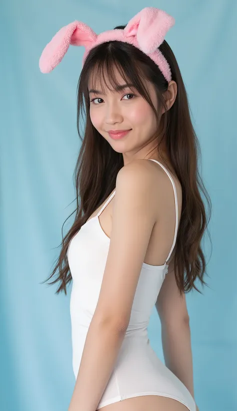 A stunning Thai woman with a fit physique, dark brown eyes, and long hair with bangs, gazes directly into the camera with a confident smirk. She wears a playful pink rabbit-ear headband and a form-fitting white leotard that accentuates her elegant curves. ...