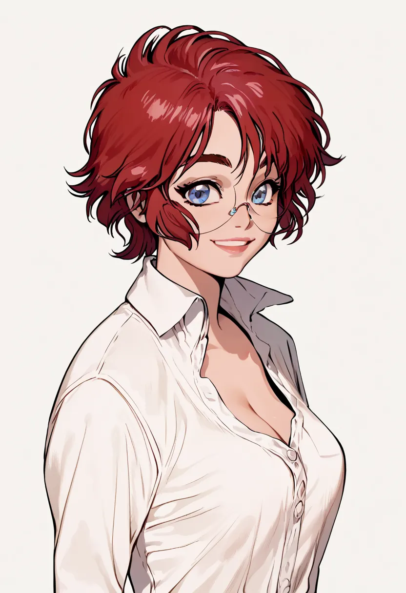 safe_pos, masterpiece, best quality, highly detailed, 4k, 1girl, maxine, red hair, short hair, blue eyes, smile, white shirt, cleavage, 90s anime style, film grain