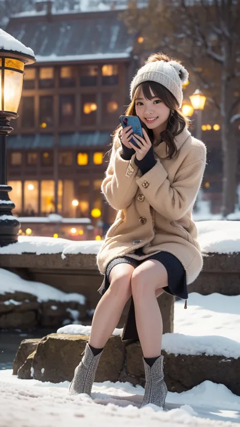  Knee High Heels Boots 、 Snowy Scenery 、sit on a stone staircase in a park in the middle of the city at night、Street lamp light、City lights、Bokeh、cinematic light、soft lighting、 align your toes 、Put on both knees and close、Focus on your toes 、from below、Kni...