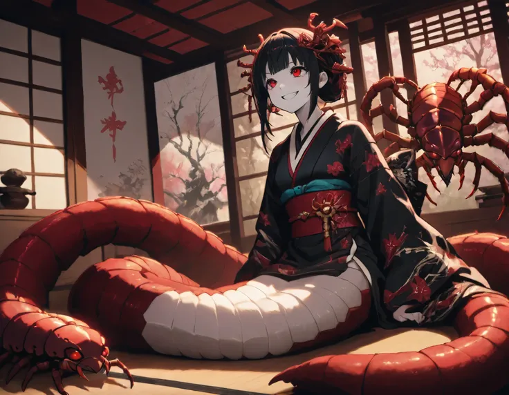 Lamia style girl. Fusion with a centipede. Black centipede body. Red insect legs. giant. Black costume. Japanese kimono dress. Red eyes. Black hair. Straight hair. Neat bangs. Grin. White skin. Japanese house. Indoors. look up.