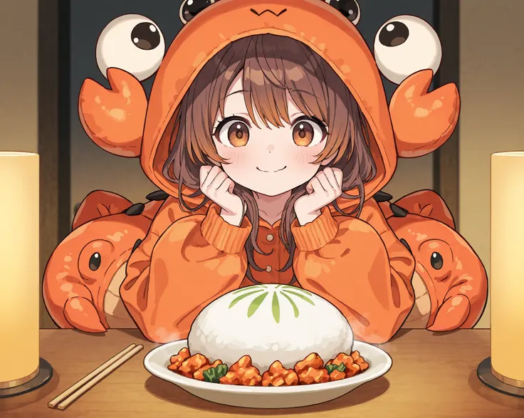 1 girl, solo, brown hair、 crab cosplay、Eat a bun、 table