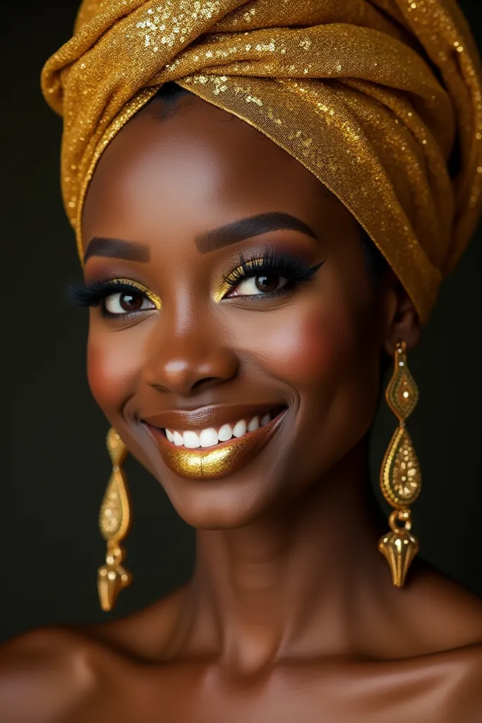 Black African woman wearing a shiny gold turban, with shiny gold-colored lipstick, perfect eyebrow, big eyelashes, charming smile.