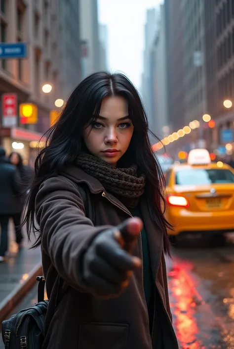 Girl with black hair, wearing warm clothes in newyork stopping a cab