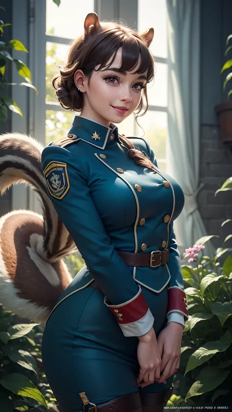 Sexy well-endowed voluptous Squirrel-girl in revealing military uniform saying "Thank you", Squirrel ears, Squirrel tail 