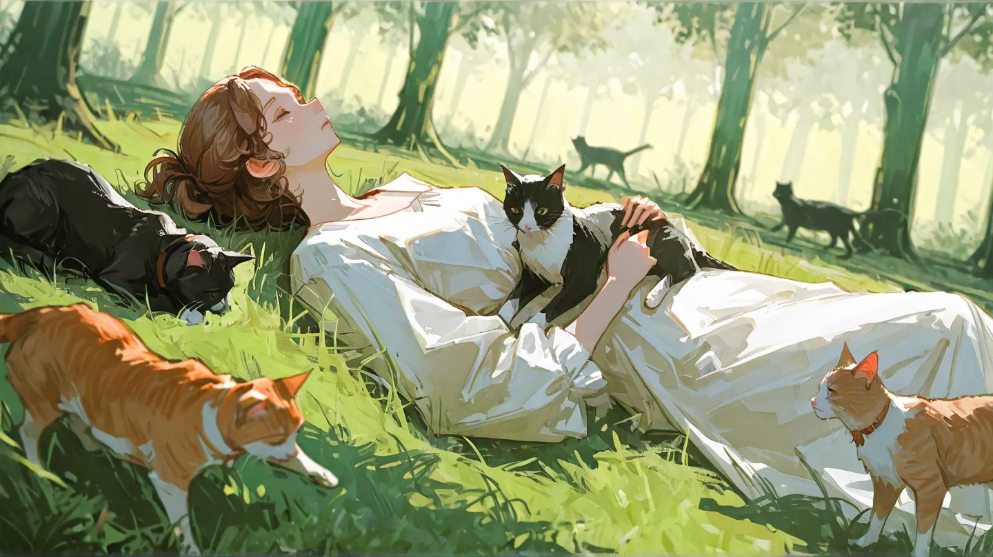 A girl with curly hair up to her neck, with lenses and a long white dress, lying down and playing on the grass of a forest in the afternoon, accompanied by three cats. The image is general and the angle, chopped.