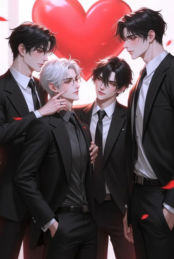 Manhwa a badass young man with white hair and glasses standing while four men taller than him looking at him with love, one placing his head on his shoulder, the other grabbing his hand, with red hearts in the background, no suits