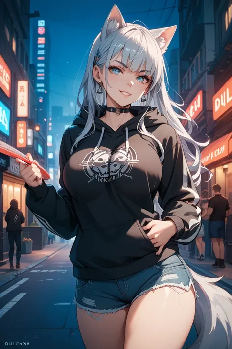 wolf cut, black hoodie, shorts, Big Breasts,  grins