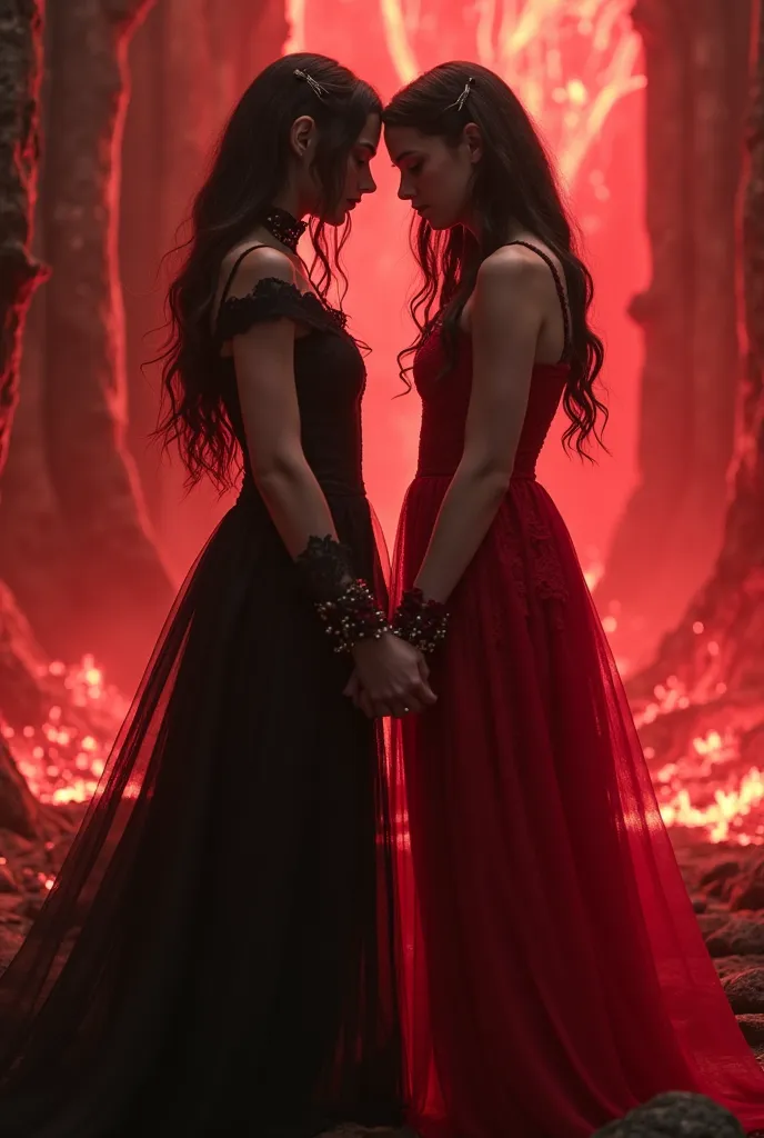 Where a girl is in hell fighting with her middle sister, where both have demon powers, and both girls are beautiful and the sister wears a black dress and the girl wears a red dress and both lace dresses