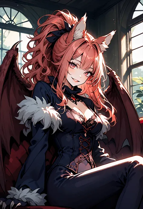 solo, close up, female, red eyes, light red hair, long wavy hair, ponytail, neat straight hair, ManticoreMGE, monster girl, tail, animal ears, fur, wings, claws, Victorian, young lady, sitting, velvet couch, looking at viewer, lounging clothes, from side, ...