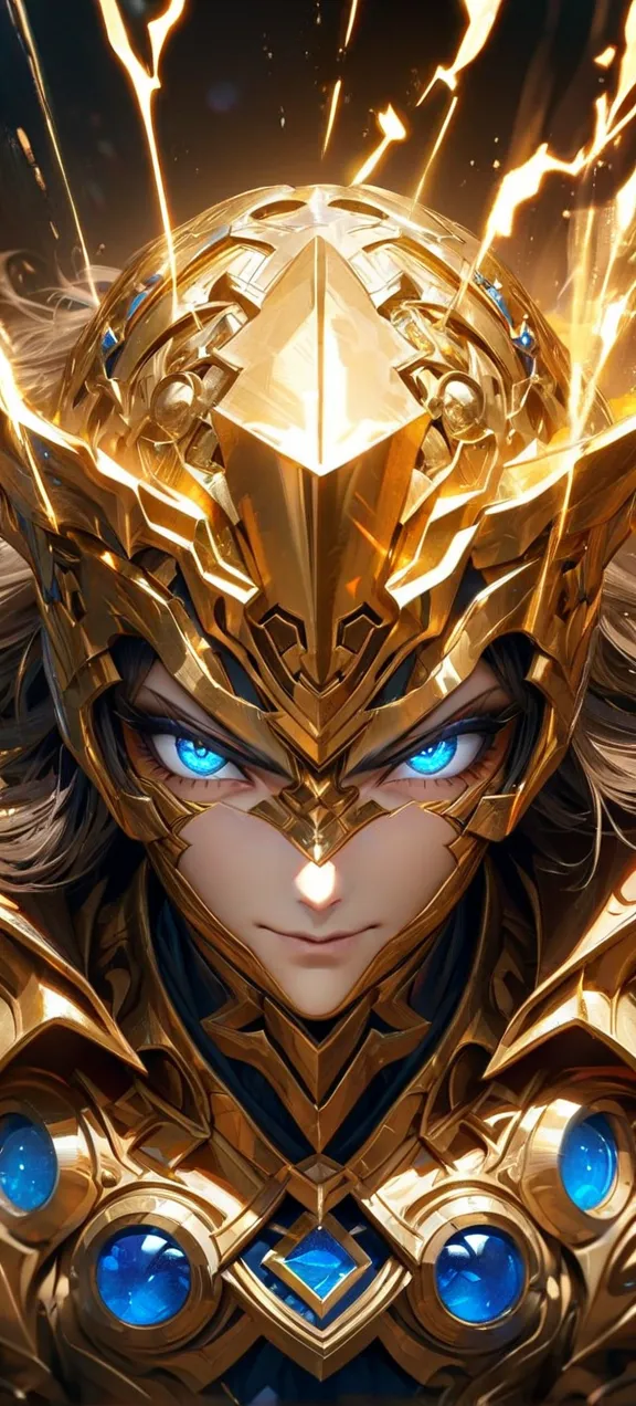 High quality, ultra realistic, absurdres, highres, ultra detailed, HDR, masterpiece, extremely detailed face and eyes, Aries Mu, Gold Saint Aries Mu, Gold Armor, solo, man, handsome, white eyelashes, blue eyes, villain expression, gold splashing effect, ra...