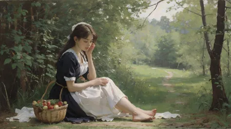 women solo, walk, Sitting alone in the woods, crying woman, fruit basket, oil, Hi-Res