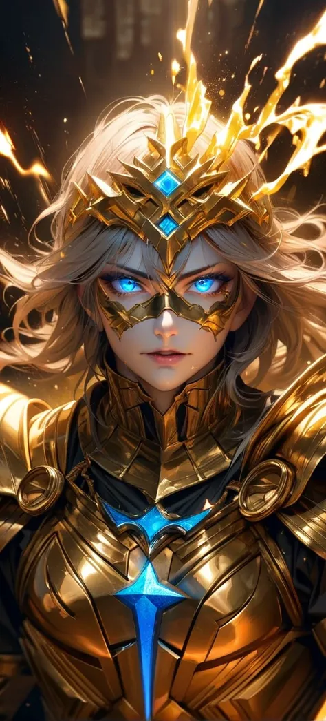 High quality, ultra realistic, absurdres, highres, ultra detailed, HDR, masterpiece, extremely detailed face and eyes, Cancer Deathmask, Gold Saint Cancer Deathmask, Gold Armor, solo, man, handsome, white eyelashes, blue eyes, villain expression, gold spla...