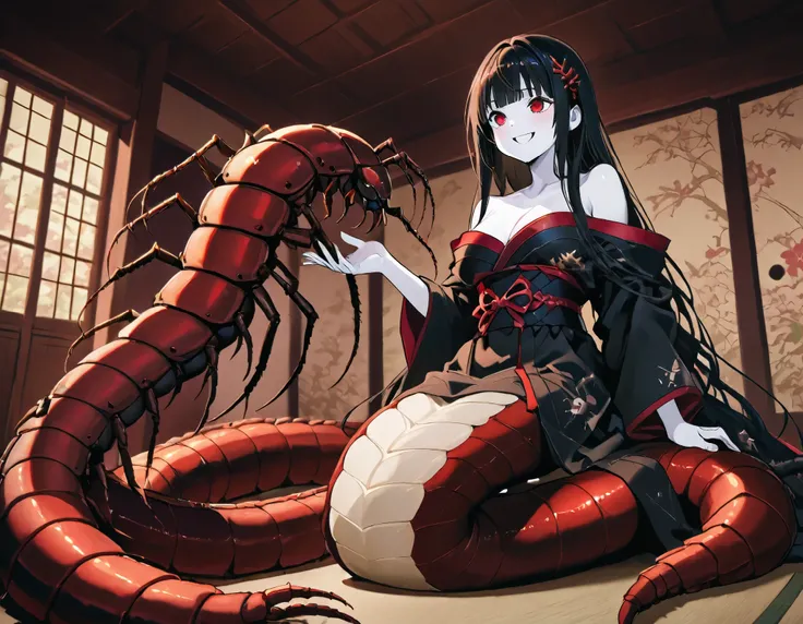 Lamia style girl. Fusion with a centipede. Black centipede body. Red insect legs. giant. Black costume. Japanese kimono dress. Red eyes. Black hair. Straight hair. Neat bangs. Grin. White skin. Japanese house. Indoors. look up.
