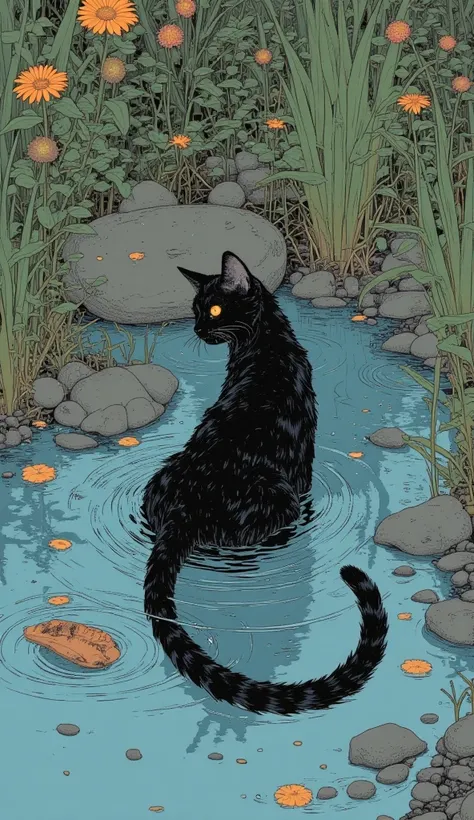 painting of a black cat and a black cat swimming At the pond,  liquid cat , At the pond, Cat swimming in water, Cat&#39;s tail, standing At the pond,  cat seahorse changing shape ,  Cat Painting,  Style and details  , ripple with magic, a  Cat Painting, in...