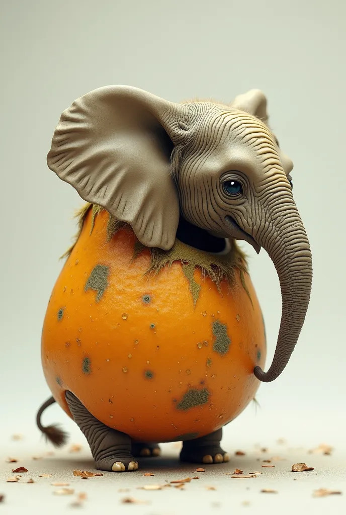 Create an elephant half fruit (passion fruit) but I want it to be turned to the right almost completely, Don't make it so realistic, don't do much in the background, parts of the elephant have to be just inside the fruit.