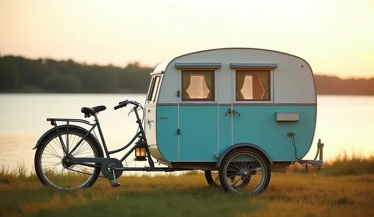 "A vintage-style bicycle with three wheels, modified to carry a small, retro camper trailer. The camper is light blue with white accents, featuring small windows with curtains, a tiny door, and a classic overhanging sleeping area. The bicycle has a curved ...