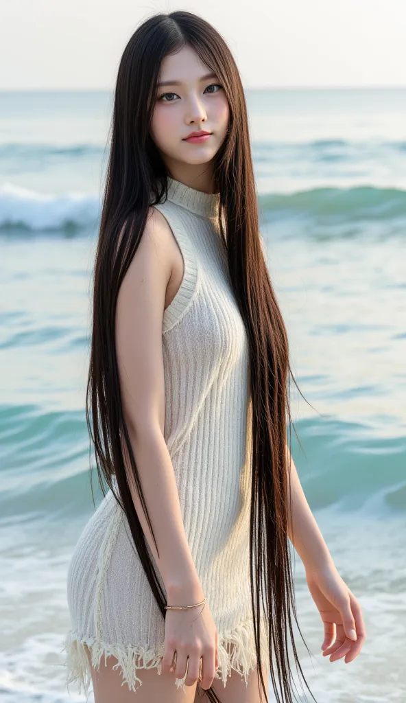 ((Picture of standing sideways on the edge of the waves、 in return、Full body photo looking sideways、Gesture、Beautiful black hair, one-sided hair with straight braids on one ear、 girls stuck through the wall 、Postures that emphasize buttocks and thighs、An e...