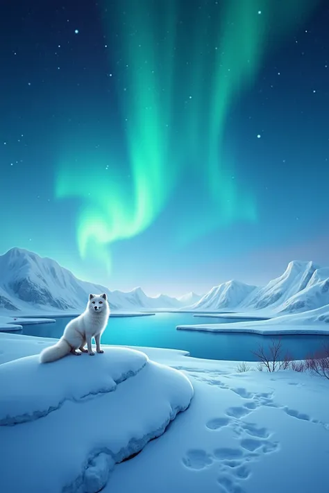 A vast, frozen Arctic landscape under a clear, star-filled sky. The Northern Lights (Aurora Borealis) shimmer in vibrant shades of green, blue, and purple, casting a magical glow over the snow-covered terrain. In the foreground, a single arctic fox stands ...