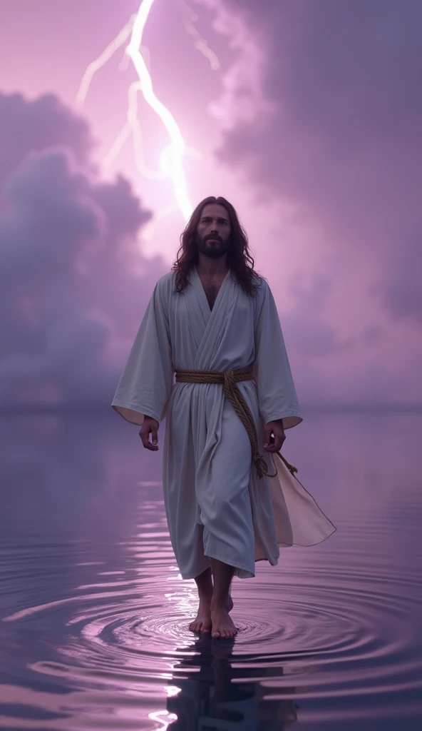 A hyper-realistic depiction of a divine figure resembling Jesus, with long wavy brown hair and a well-defined beard. He is wearing a flowing white robe tied with a simple rope belt, with realistic fabric folds and soft lighting. He walks barefoot on a calm...