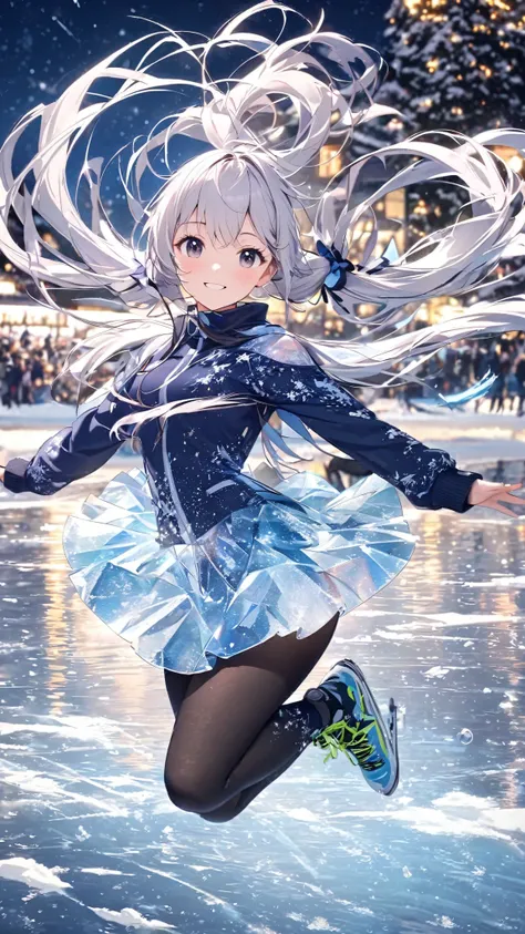  long silver hair 、 beautiful girl with a twin-tail hairstyle、smile、close-up、skate on an icy lake， spin and jump gracefully 。Night Sky、 shooting star、 auroras、屋外skate場、 exterior：The silvery hair that extends to the shoulders，Deep black eyes，Wearing blue cl...