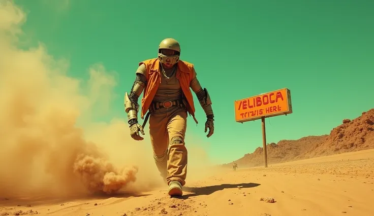 Dramatic Action Photo of a cybernetic nomad, mechanical arm exposed, dragging a severed robot limb through desert sand, dynamic mid-stride pose, wide-shot framing, in a dust storm under sickly green skies, stark sidelighting from a cracked neon sign, Dutch...