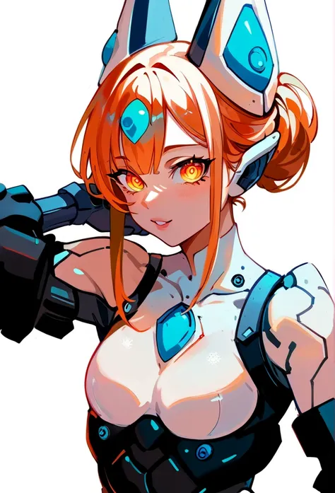 1girl, solo, cybernetics girl, Eyes of the Machine, glowing eyes, Orange and white body color, Dynamic Posing, Feminine cybernetic body, MechaGirlXL,