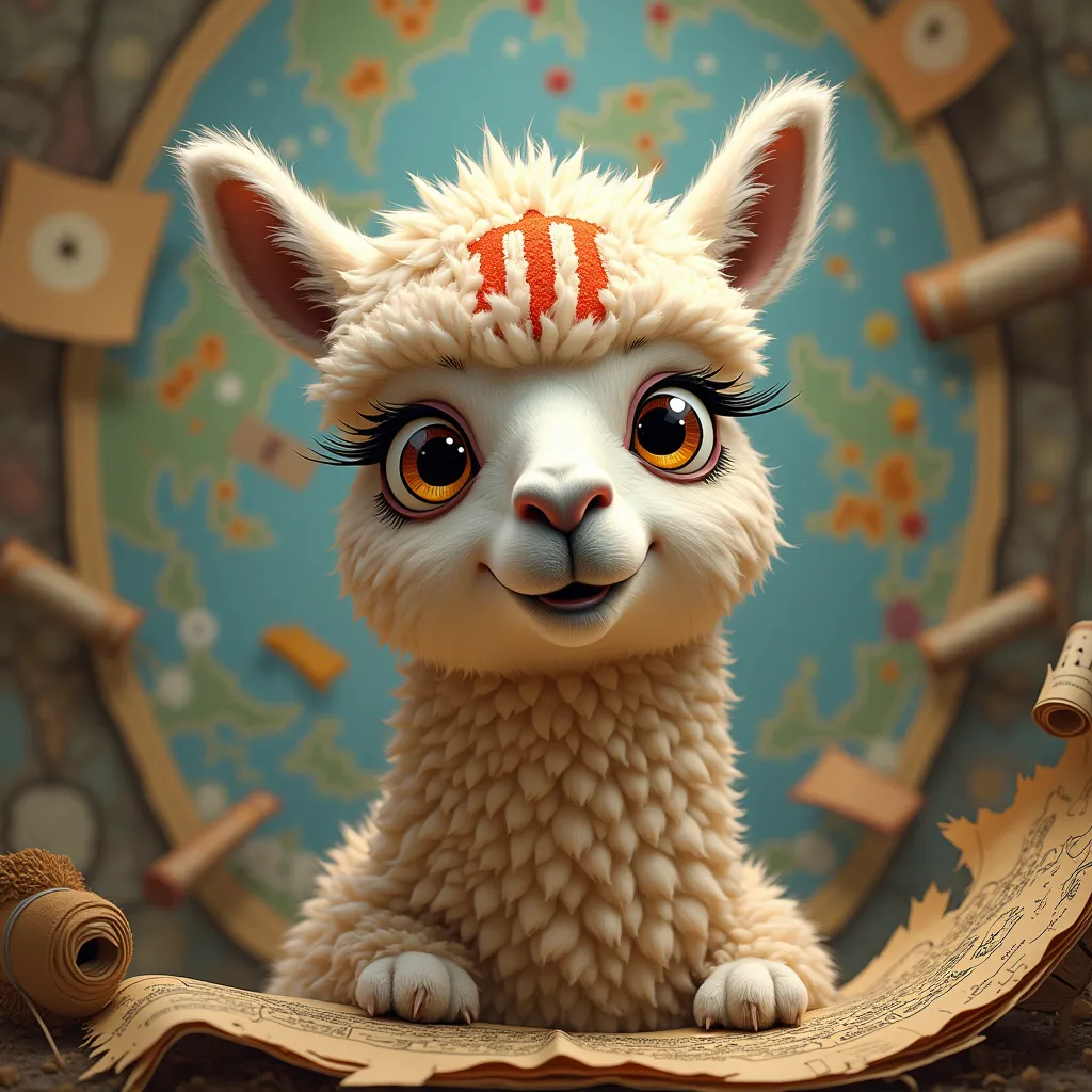 Un alpaga fou , surrounded by maps , And on top of that head it's marked crazy alpaca 