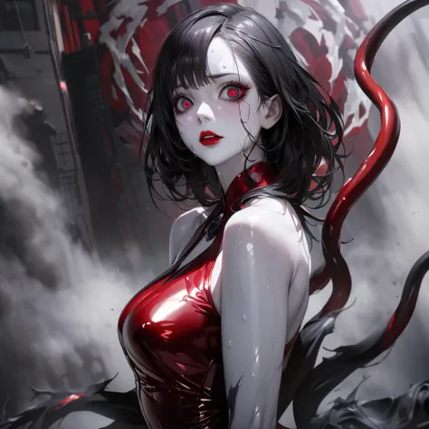 A young and beautiful woman ,Tokyo Ghoul's Rize(Best Quality,extremely detailed depiction,INCREDIBLY HIGH RESOLUTION,anatomically accurate depiction),( shiny skin that sticks out your butt,Porcelain Skin),(Female Vampire,  shiny latex ,4 Red Black Tails), ...