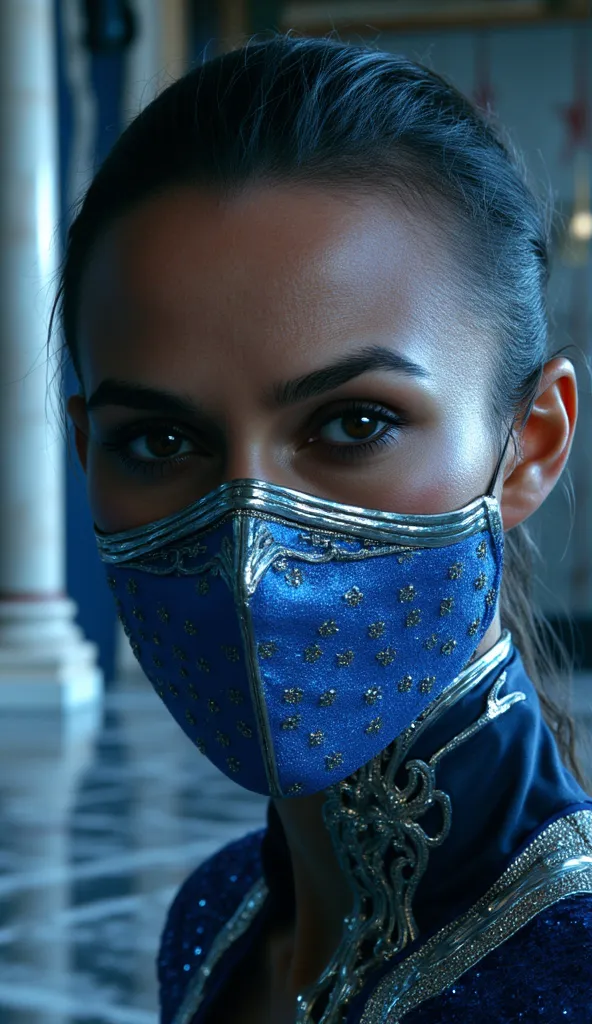 Here's a prompt detailed to generate a super realistic image of Alexandra Daddario as Kitana, with a shiny metal mask and details blue, focused on the upper body: "Hyper-realistic Close-up of Alexandra Daddario as Kitana, the warrior of * mortal kombat*. S...