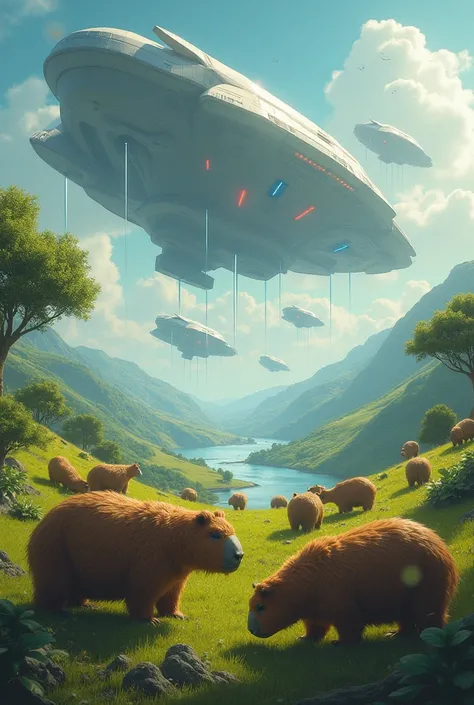 A planet with capybaras instead of humans, but about to be destroyed by an attack from a world of geese (I want the goose shaped ships attacking the capybara world with lasers)