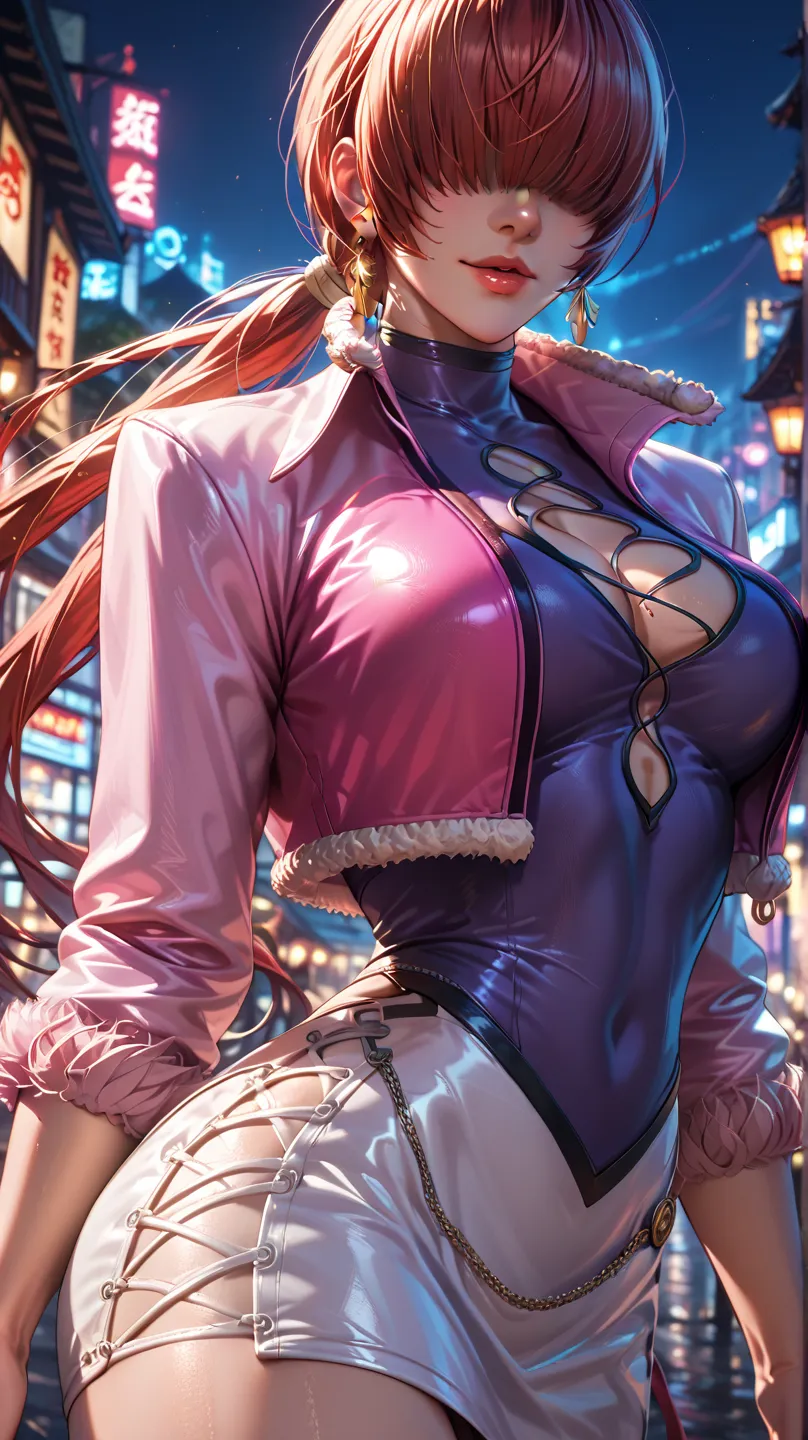 Source_ kof, source_ shermie kof, source_ 8 up,shermie king of fighter, orochi shermi, thunder power,the hair is over her eyes, split ponytail, clothing cutout, earrings, jewelry, miniskirt, white skirt, leotard, white jacket, long sleeves,, (masterpiece, ...