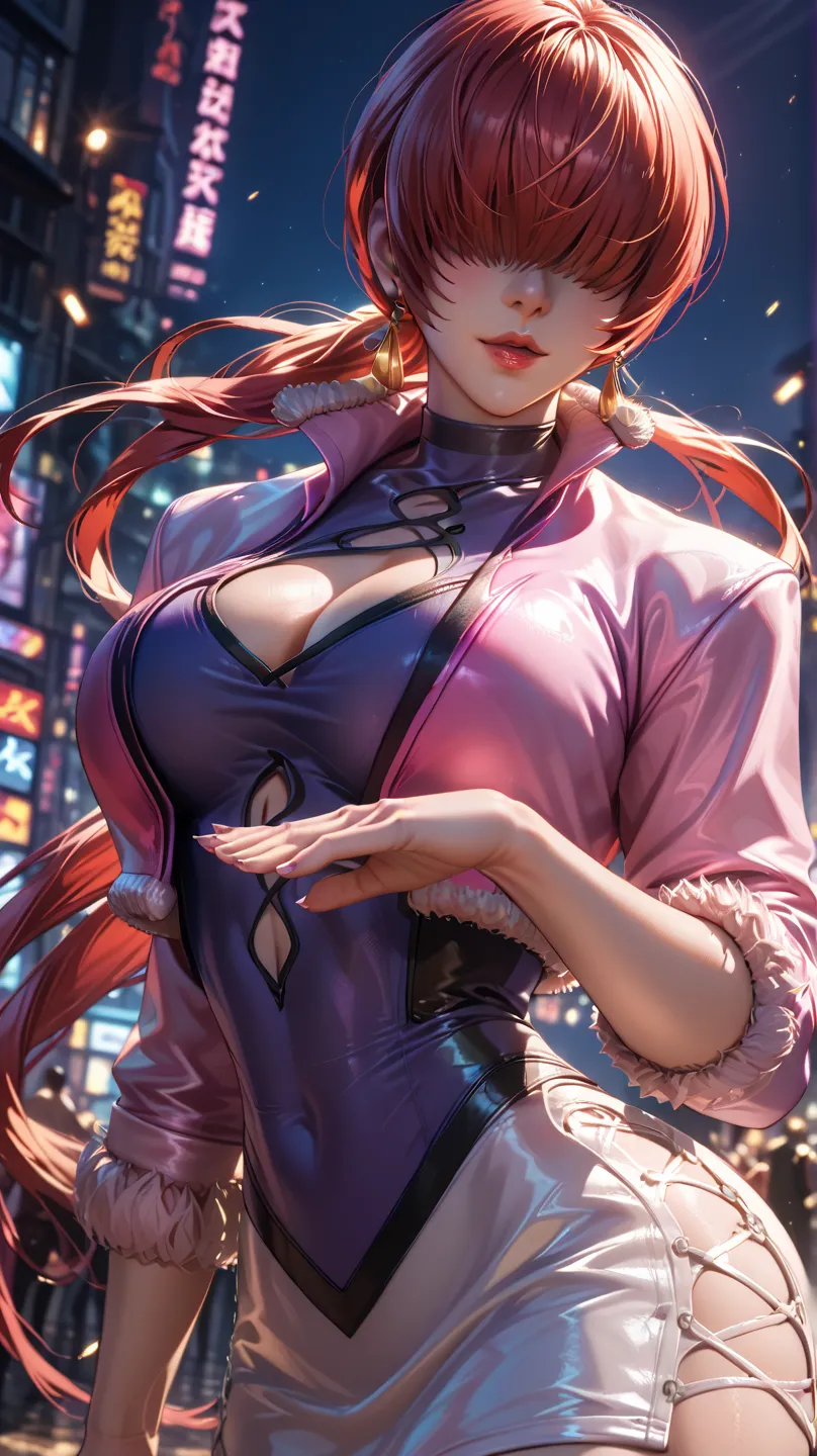 Source_ kof, source_ shermie kof, source_ 8 up,shermie king of fighter, orochi shermi, thunder power,the hair is over her eyes, split ponytail, clothing cutout, earrings, jewelry, miniskirt, white skirt, leotard, white jacket, long sleeves,, (masterpiece, ...