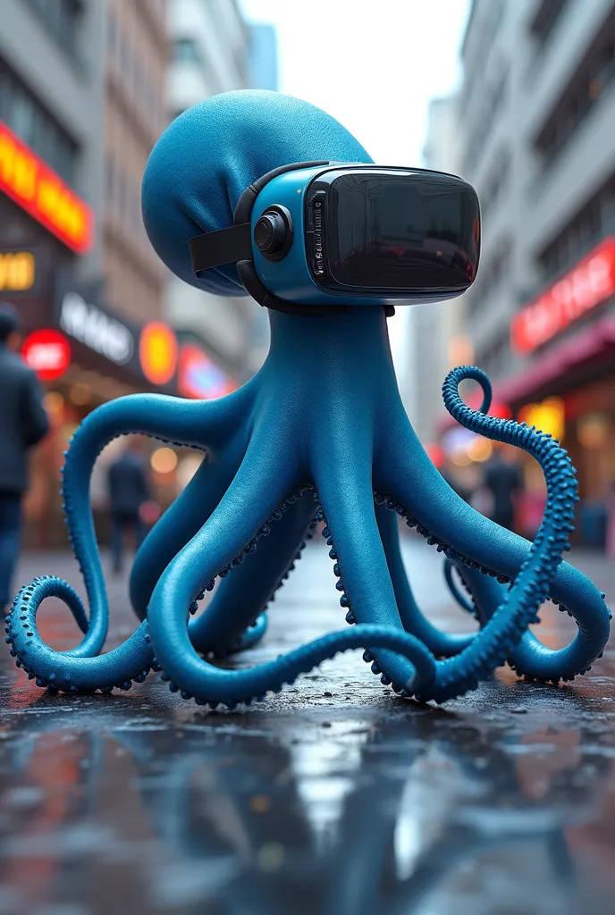 A blue octopus wearing vision reality in street