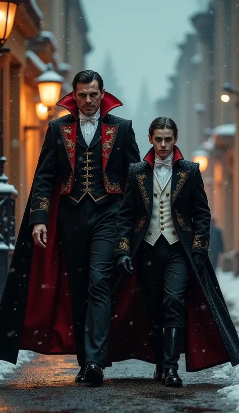 Two Dracula-style vampires walking in a snowy, old European city street at night. The taller Dracula in the background wears a dark red and black elegant coat with gold embroidery, a dramatic high-collared cape, and has an intense, sinister expression. The...