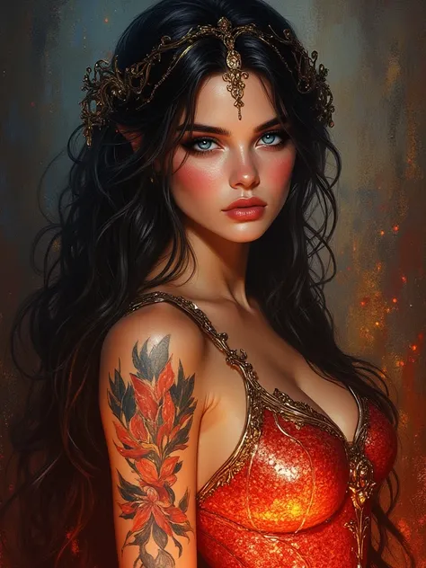 oil painting hyperrealistic fantasy, beautiful 25-year-old Russian MERMAID with Russian features, jet-black hair very long and wavy perfectly, sapphire blue eyes, shiny reddish lip gloss, white skin de porcelana como muñeca,  pink cheeks,  Her skin has a t...