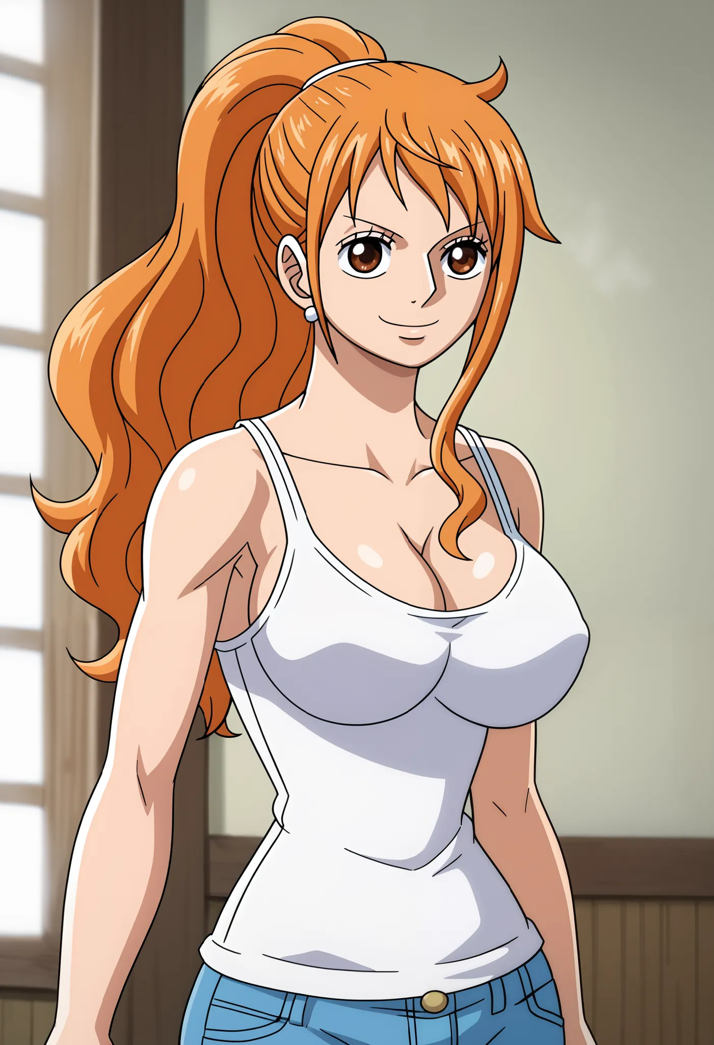 score_9_up, best quality, cowboy shot, anime_source, anime style, (SOLO:1.7), 1girl, Nami, orange hair, (white comesole:1.4), morning, (ponytail:1.7),  (serious smile:1.3), (curvy body:0.7),), (slightly looking at the viewer:1.2) (Medium breasts:1.5), jean...