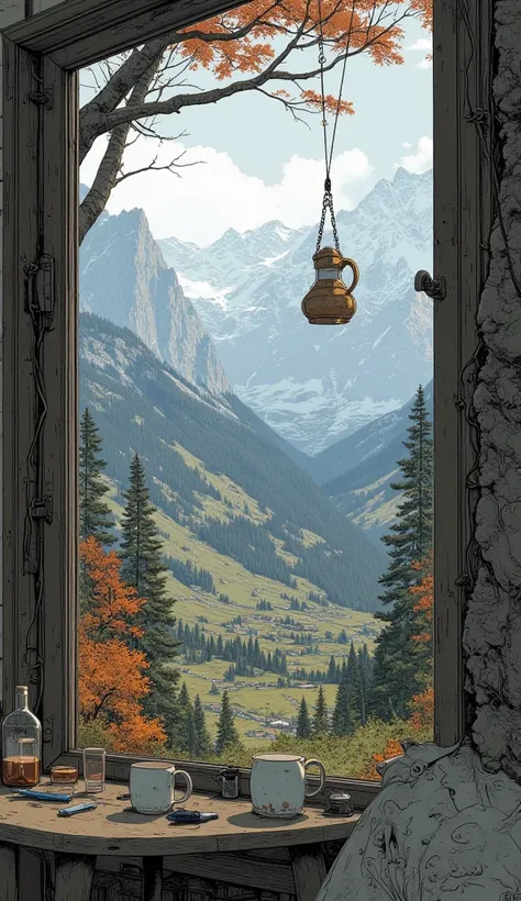 オレンジが描かれたtreeの絵があります, Superrealistic paintings by Igor Grabar, polycount, hyperrealism, High Definition 4K Painting , super fine painting,  super fine oil painting ,  Hyperrealist Extremely Complex ,   matte painting 、a carafe flying over a mountain with a...